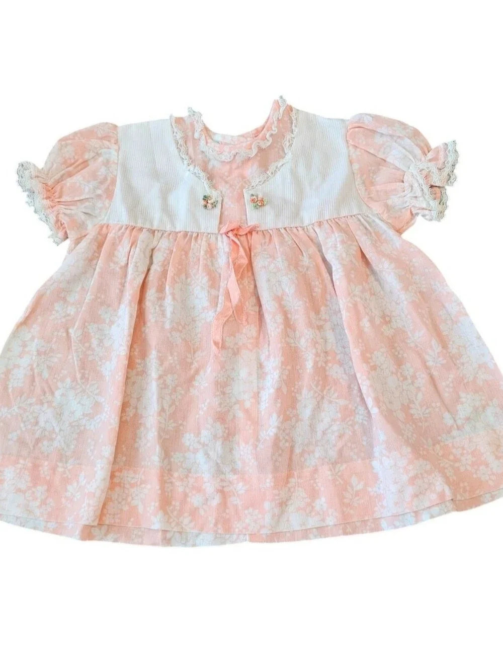 Vintage 1960s baby Girls Sz 18M Short Sleeve Floral Dress Salmon Pink White